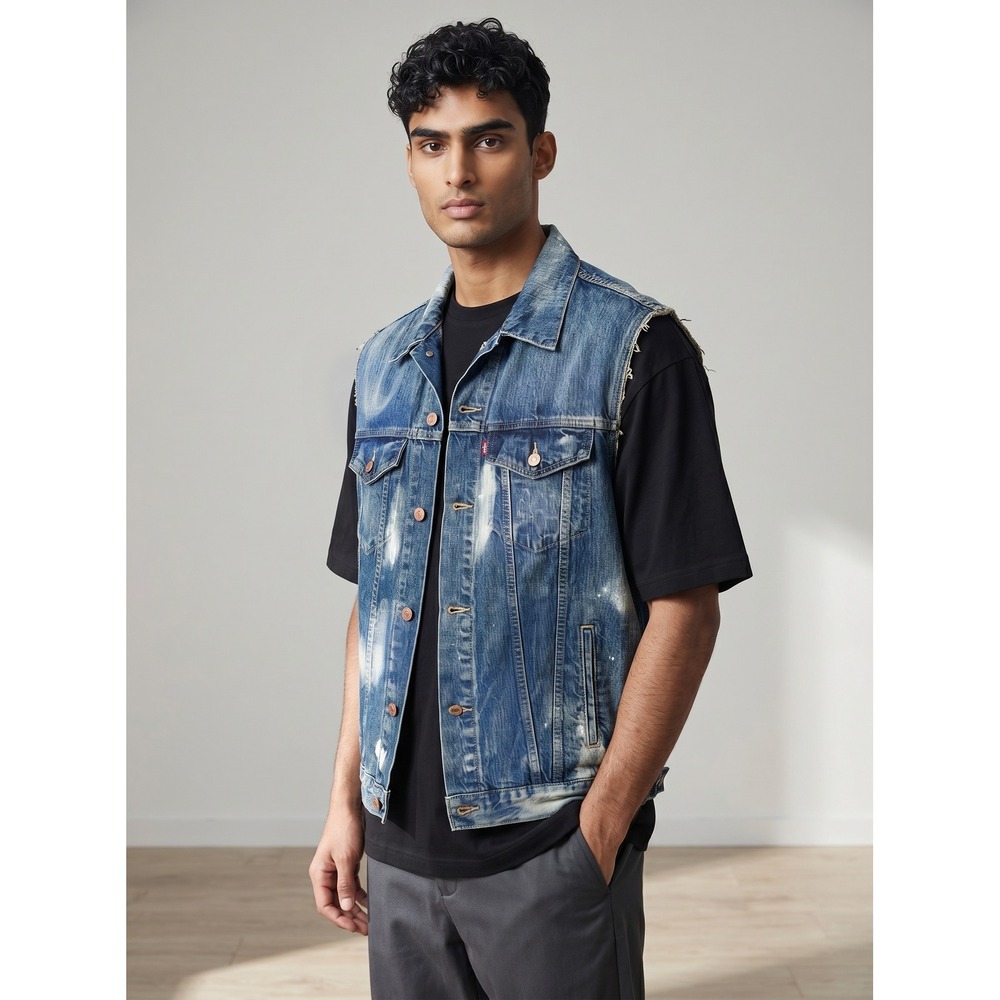 Levis Mens XXL Blue Distressed Denim Trucker Vest Sleeveless Jacket Faded Wash
